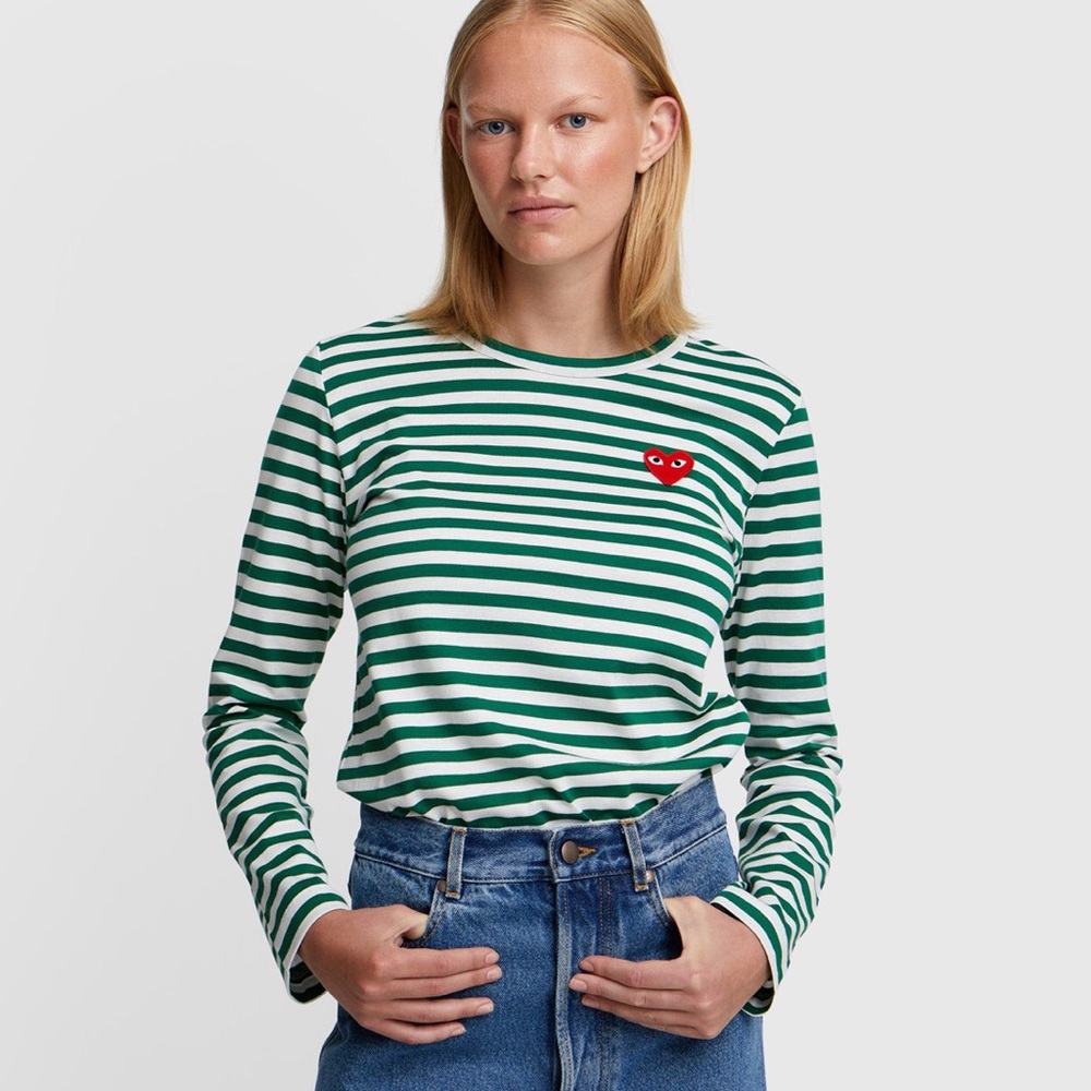 CDG PLAY LONG SLEEVE HEART LOGO STRIPE TEE M - Picture 2 of 10